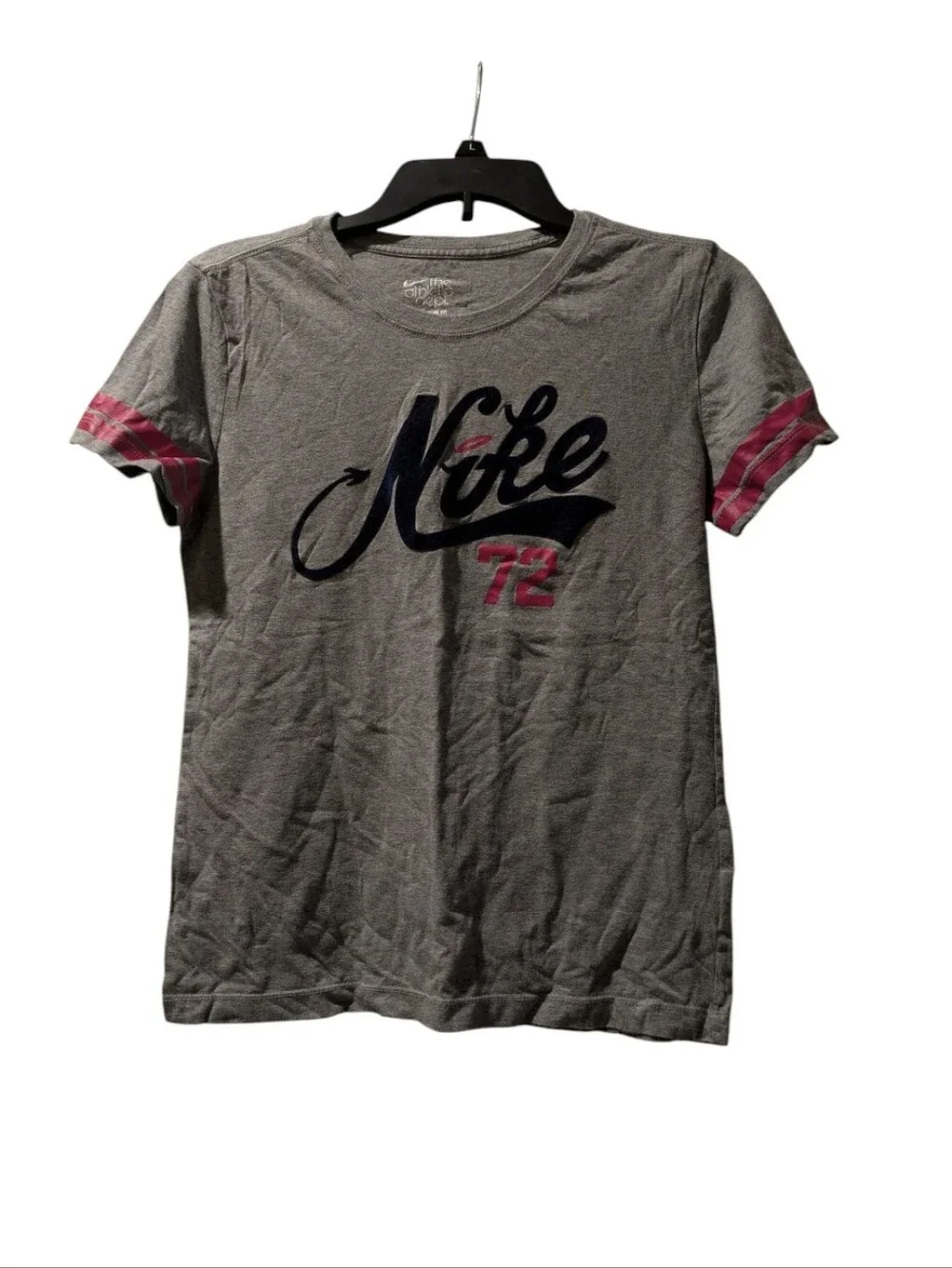 Nike Gray Crewneck Tee with Pink Sleeve Stripes and Navy Script
